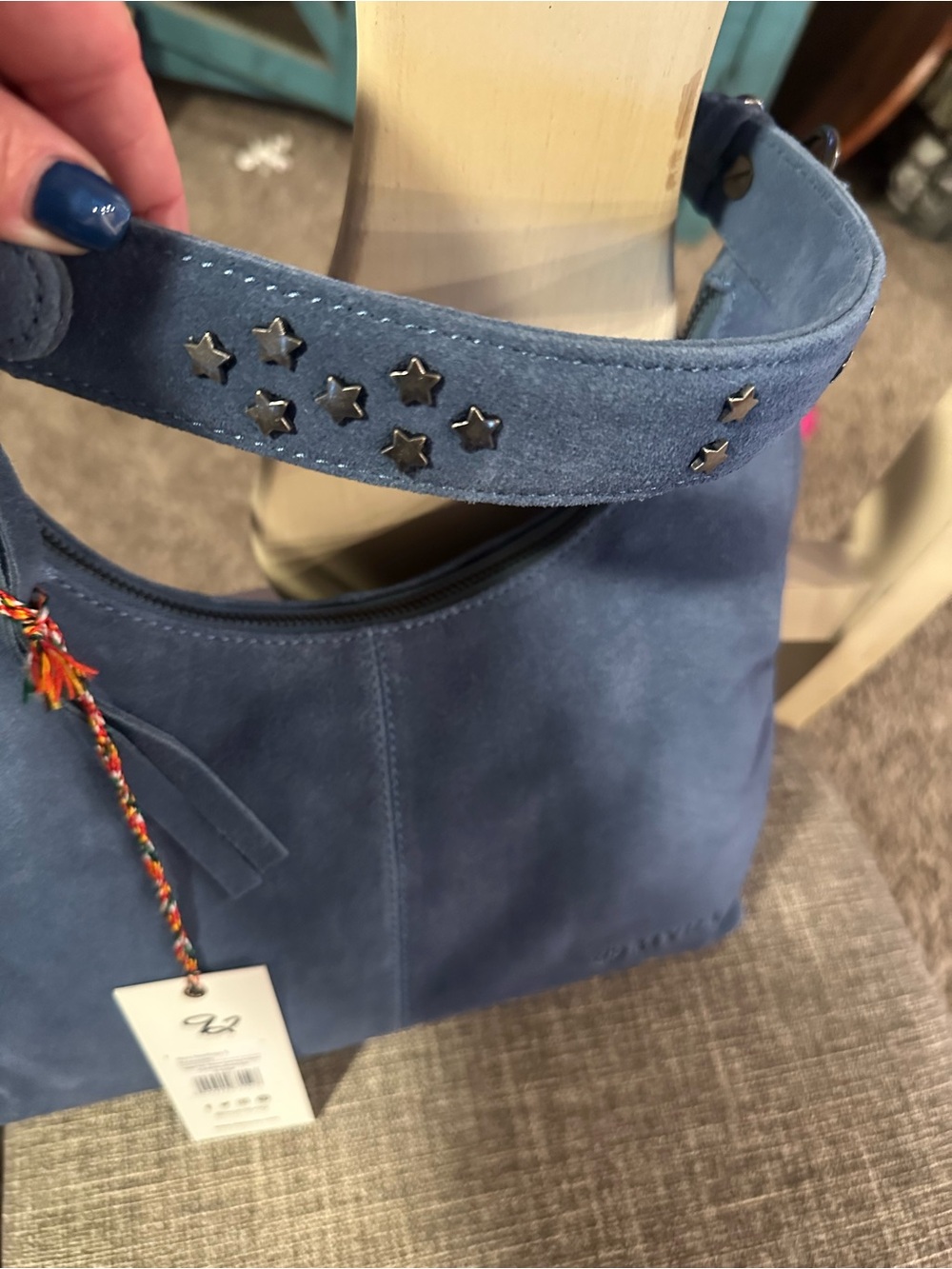 Myra Bag Blue leather Shoulder Bag with Star Stud Strap